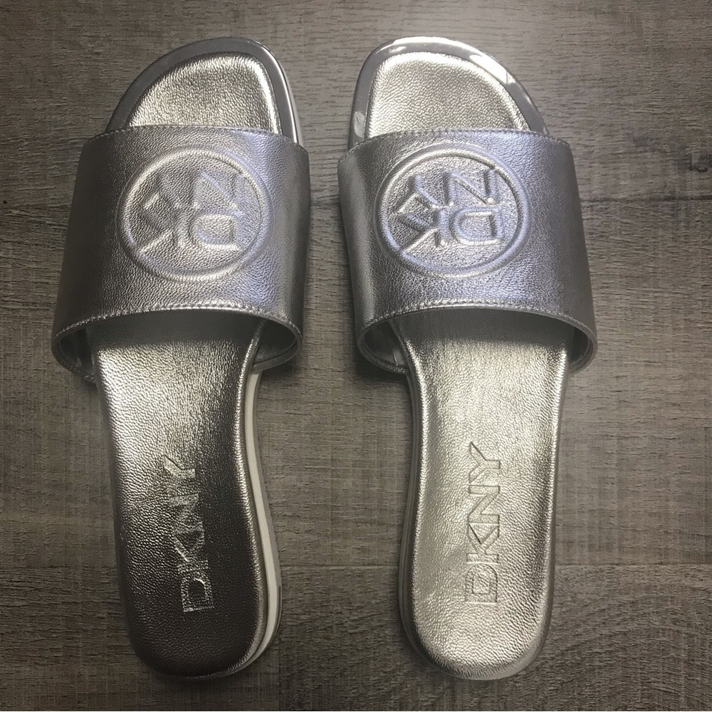 DONNA Karan tumbled metallic aged nickel baby slide or sandal NWT